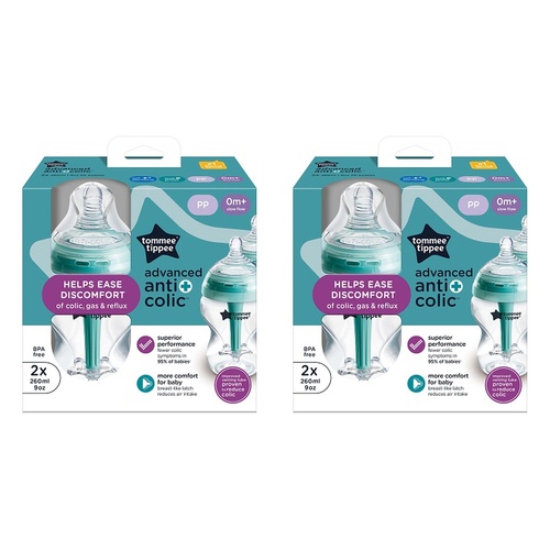 Tommee Tippee Advanced Anti-Colic Baby Bottle 0m+ Slow Flow 260mL Pack of 2