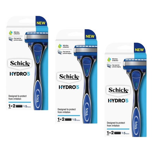 Schick Hydro 5 Razor Handle + 2 Refills 3 Piece Set Pack of 3