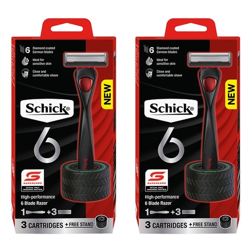 Schick 6 Razor Handle + 3 Refills + Stand 4 Piece Set Pack of 2
