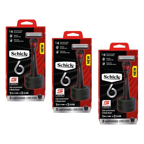 Schick 6 Razor Handle + 3 Refills + Stand 4 Piece Set Pack of 3