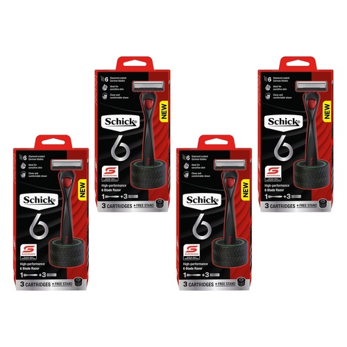 Schick 6 Razor Handle + 3 Refills + Stand 4 Piece Set Pack of 4
