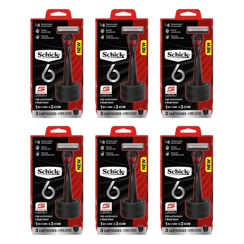 Schick 6 Razor Handle + 3 Refills + Stand 4 Piece Set Pack of 6