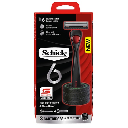 Schick 6 Razor Handle + 3 Refills + Stand 4 Piece Set