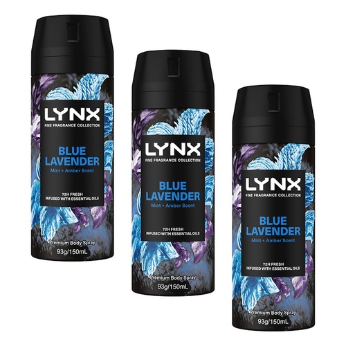 Lynx Fine Fragrance Body Spray Blue Lavender 150mL x 6 Bundle of 3