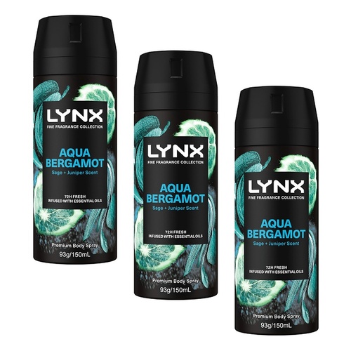 Lynx Fine Fragrance Body Spray Aqua Bergamot 150mL x 6 Bundle of 3
