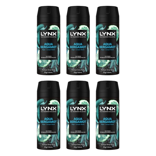 Lynx Fine Fragrance Body Spray Aqua Bergamot 150mL x 6 Bundle of 6