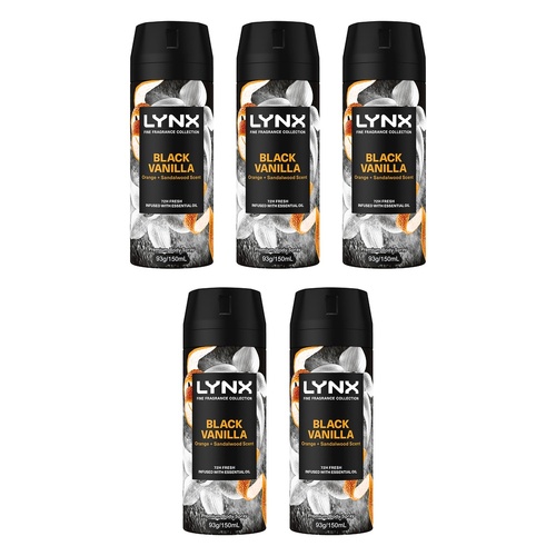 Lynx Fine Fragrance Body Spray Black Vanilla 150mL x 6 Bundle of 5