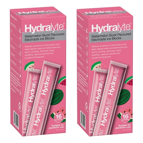 Hydralyte Watermelon Burst Flavoured Electrolyte Ice Blocks 16 Pack Bundle of 2