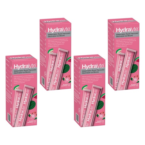 Hydralyte Watermelon Burst Flavoured Electrolyte Ice Blocks 16 Pack Bundle of 4