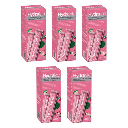 Hydralyte Watermelon Burst Flavoured Electrolyte Ice Blocks 16 Pack Bundle of 5