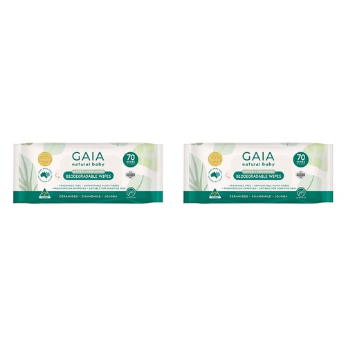 GAIA Water + Ceramides Biodegradable Wipes, Fragrance Free, 70 Wipes Pack of 2