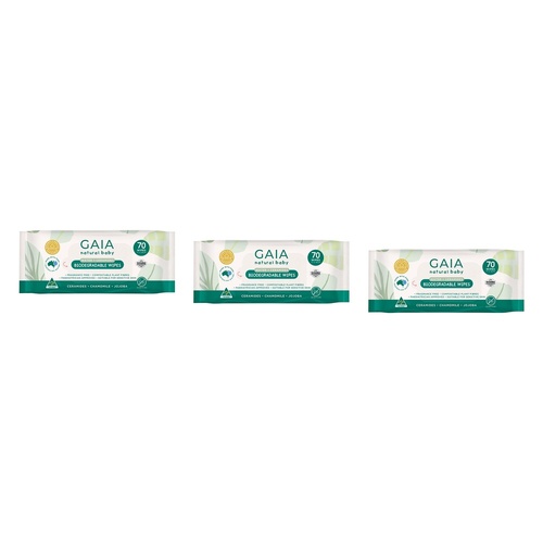 GAIA Water + Ceramides Biodegradable Wipes, Fragrance Free, 70 Wipes Pack of 3