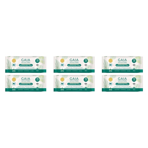 GAIA Water + Ceramides Biodegradable Wipes, Fragrance Free, 70 Wipes Pack of 6