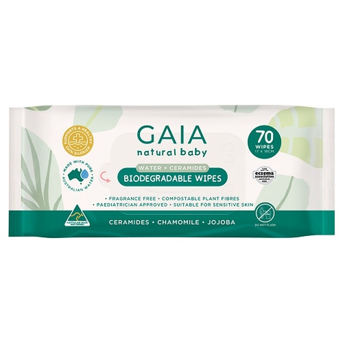 GAIA Water + Ceramides Biodegradable Wipes, Fragrance Free, 70 Wipes