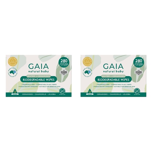 GAIA Water + Ceramides Biodegradable Wipes, Jojoba, 280 Pack Bundle of 2
