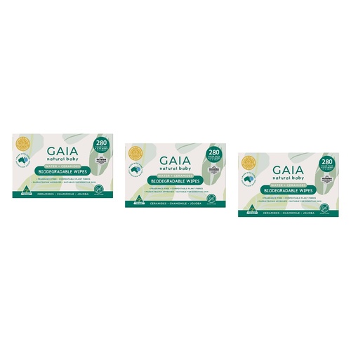 GAIA Water + Ceramides Biodegradable Wipes, Jojoba, 280 Pack Bundle of 3