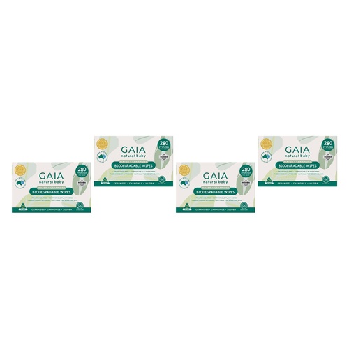 GAIA Water + Ceramides Biodegradable Wipes, Jojoba, 280 Pack Bundle of 4