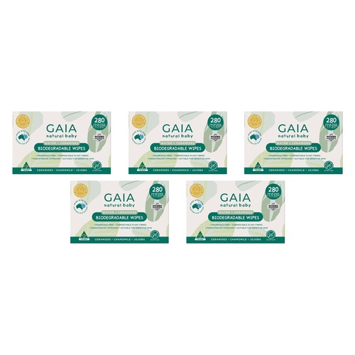 GAIA Water + Ceramides Biodegradable Wipes, Jojoba, 280 Pack Bundle of 5