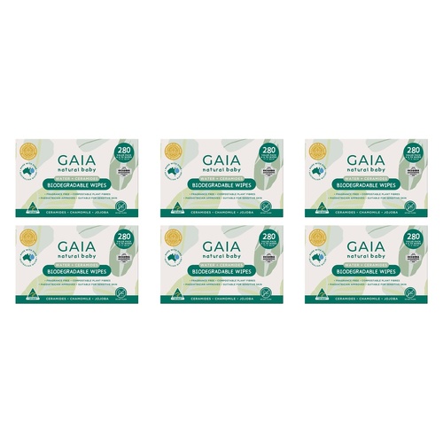 GAIA Water + Ceramides Biodegradable Wipes, Jojoba, 280 Pack Bundle of 6
