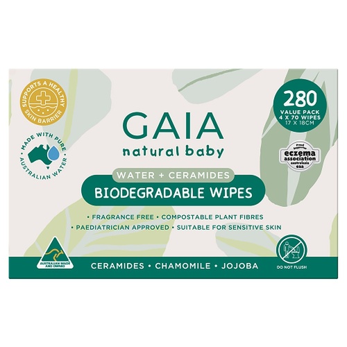 GAIA Water + Ceramides Biodegradable Wipes, Jojoba, 280 Pack