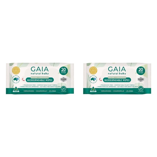 GAIA Water + Ceramides Biodegradable Wipes, Jojoba, 20 Pack Bundle of 2