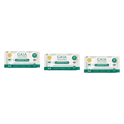 GAIA Water + Ceramides Biodegradable Wipes, Jojoba, 20 Pack Bundle of 3
