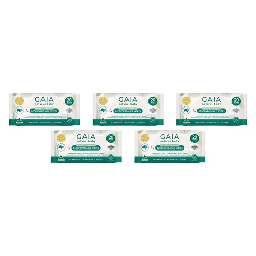 GAIA Water + Ceramides Biodegradable Wipes, Jojoba, 20 Pack Bundle of 5