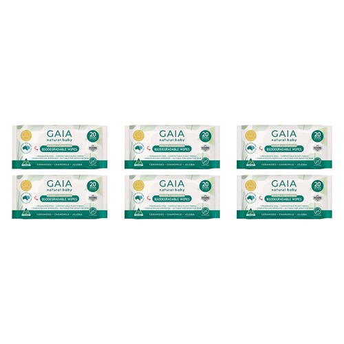 GAIA Water + Ceramides Biodegradable Wipes, Jojoba, 20 Pack Bundle of 6