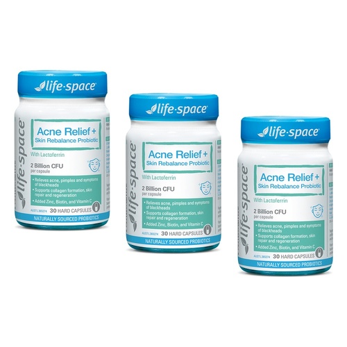 Life-Space Acne Relief + Skin Rebalance Probiotic 30 Capsules Pack of 3