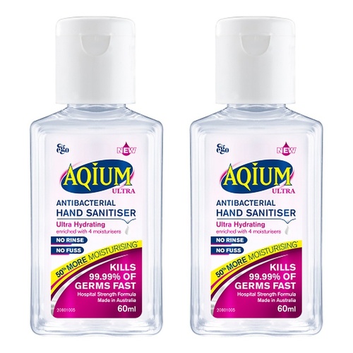 Ego Aqium Antibacterial Hand Sanitiser Ultra Hydrating 60mL Pack of 2