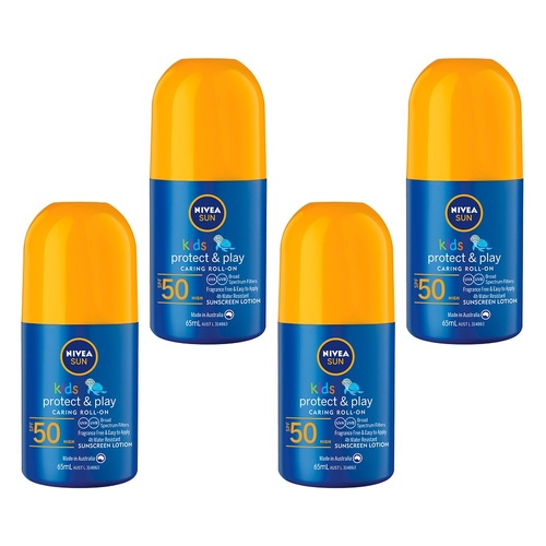 Nivea Sun Kids Protect & Play SPF50 Roll-On Sunscreen 65mL Pack of 4