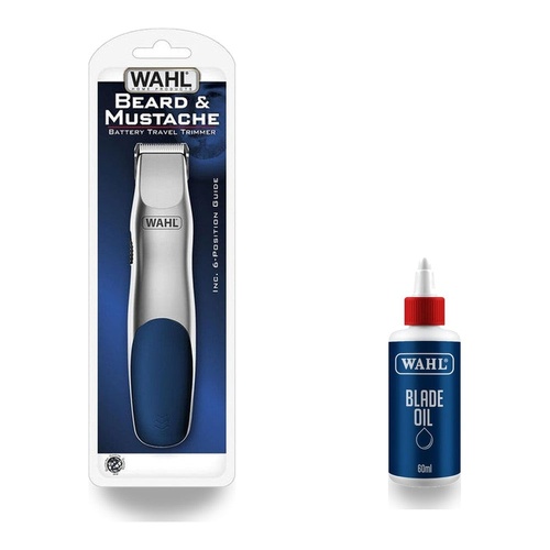 Wahl Beard & Mustache Battery Travel Trimmer + Blade Oil Care Kit