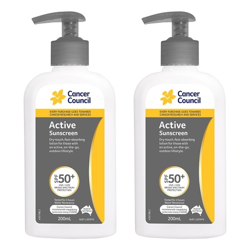 Cancer Council Active Dry Touch Sunscreen Pump SPF50+ 200mL Pack of 2