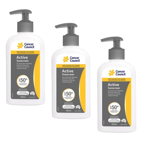 Cancer Council Active Dry Touch Sunscreen Pump SPF50+ 200mL Pack of 3