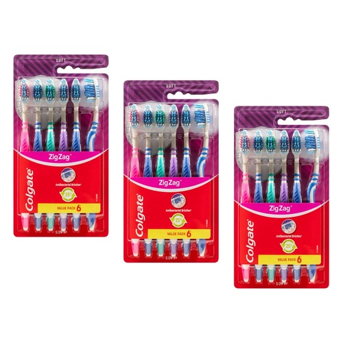Colgate Zig Zag Soft Toothbrush Value Pack 6 Pack Bundle of 3