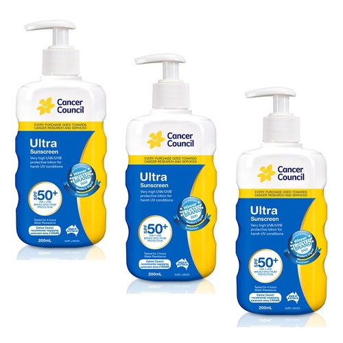 Cancer Council Ultra Sunscreen Pump SPF 50+ 200mL Pack of 3