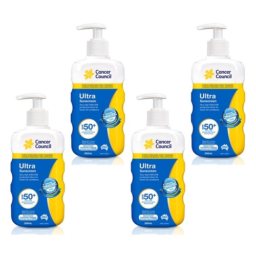 Cancer Council Ultra Sunscreen Pump SPF 50+ 200mL Pack of 4