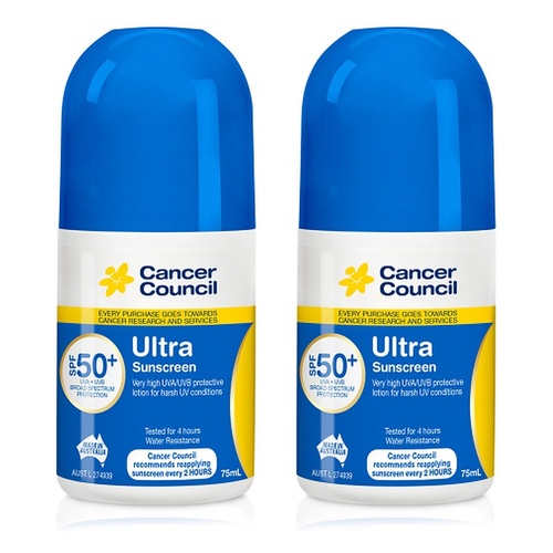 Cancer Council Ultra Sunscreen Roll-On SPF 50+ 75mL Pack of 2