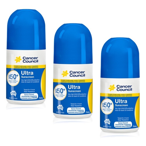 Cancer Council Ultra Sunscreen Roll-On SPF 50+ 75mL Pack of 3