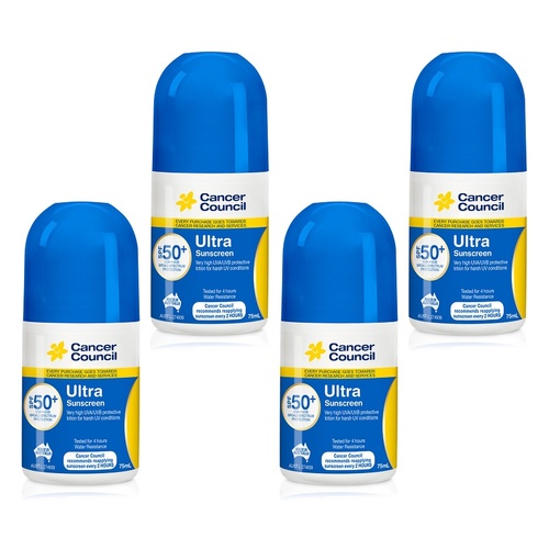 Cancer Council Ultra Sunscreen Roll-On SPF 50+ 75mL Pack of 4