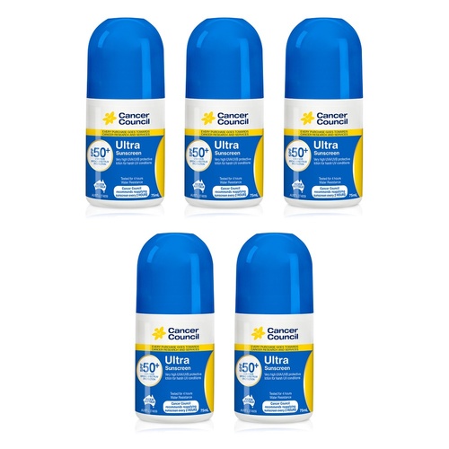 Cancer Council Ultra Sunscreen Roll-On SPF 50+ 75mL Pack of 5