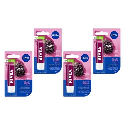 NIVEA 24h Melt-In Moisture Blackberry Shine Lip Balm 4.8g Pack of 4
