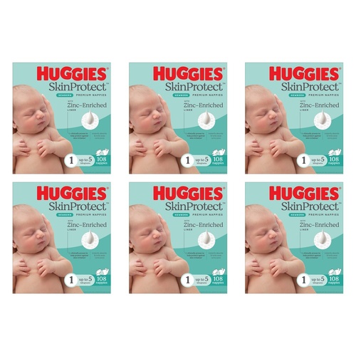 Huggies Newborn Nappies for Boys & Girls Size 1 108 Pack Bundle of 6
