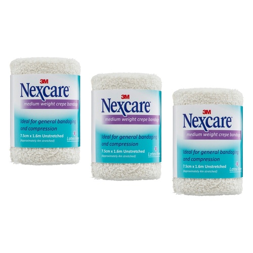 Nexcare Medium Crepe Bandage White 7.5cm x 1.6m Pack of 3