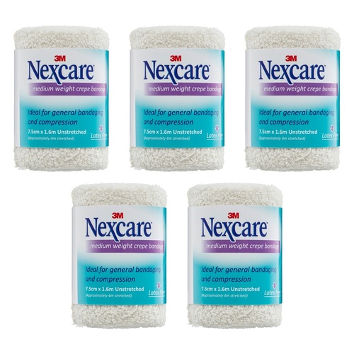 Nexcare Medium Crepe Bandage White 7.5cm x 1.6m Pack of 5
