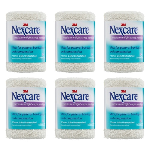 Nexcare Medium Crepe Bandage White 7.5cm x 1.6m Pack of 6