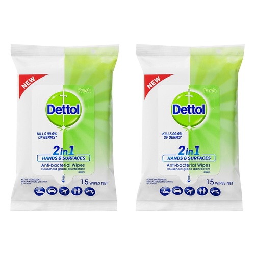 Dettol 2 in 1 Hands & Surfaces Anti-Bacterial Wipes 15 Wipes Pack of 2