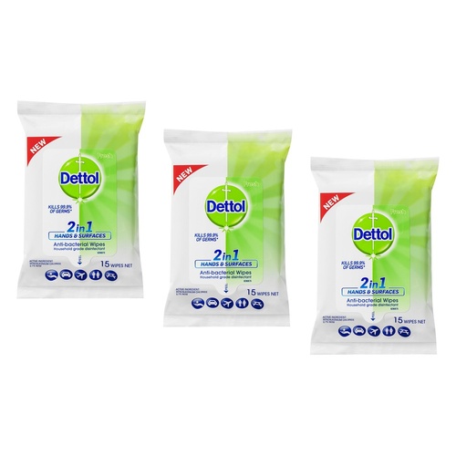 Dettol 2 in 1 Hands & Surfaces Anti-Bacterial Wipes 15 Wipes Pack of 3