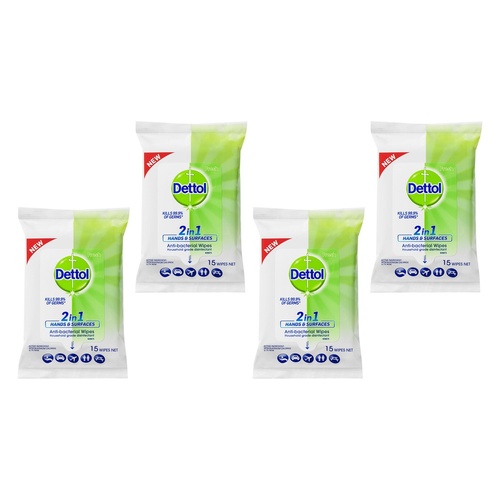 Dettol 2 in 1 Hands & Surfaces Anti-Bacterial Wipes 15 Wipes Pack of 4