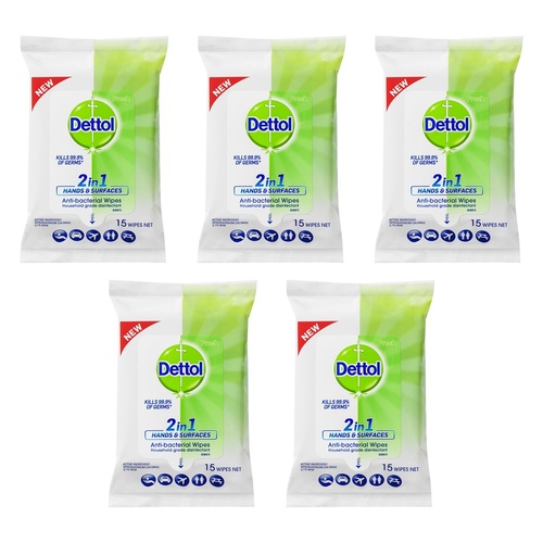 Dettol 2 in 1 Hands & Surfaces Anti-Bacterial Wipes 15 Wipes Pack of 5